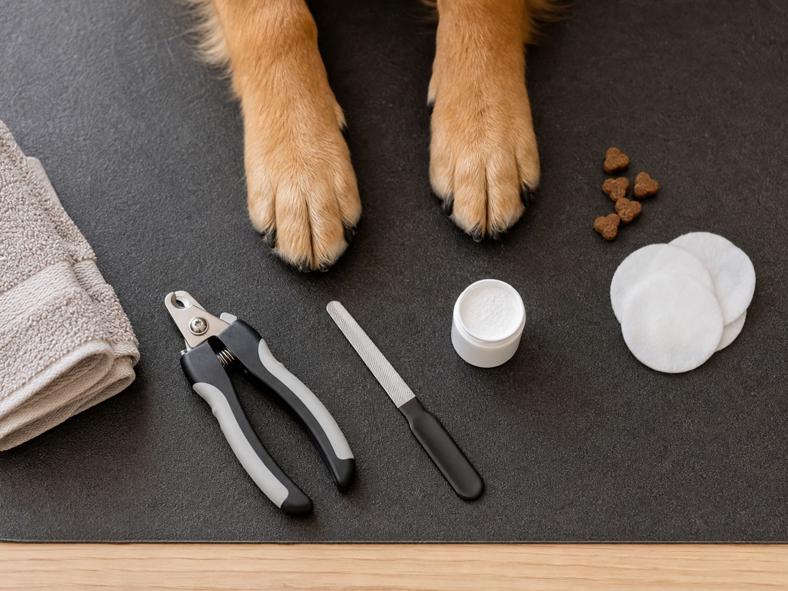 Nail clippers, nail file, styptic powder, cotton, and treats prepared for trimming a dog's nails