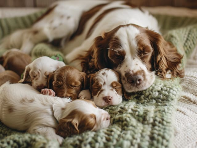 Springer Spaniel mor med sine hvalpe