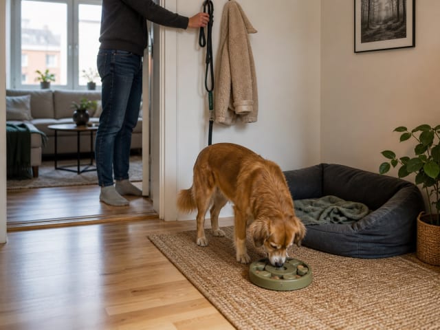 Dog with a calm resting place and enrichment in a small apartment