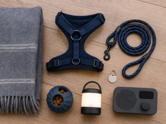 A harness, leash, ID tag, blanket, enrichment toy, lamp, and sound machine prepared for a thunderstorm