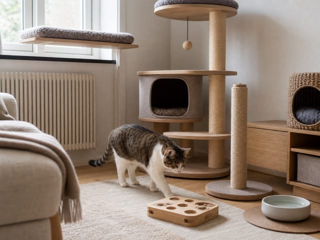 An adult cat in a home with a cat tree, window perch, water, and simple enrichment