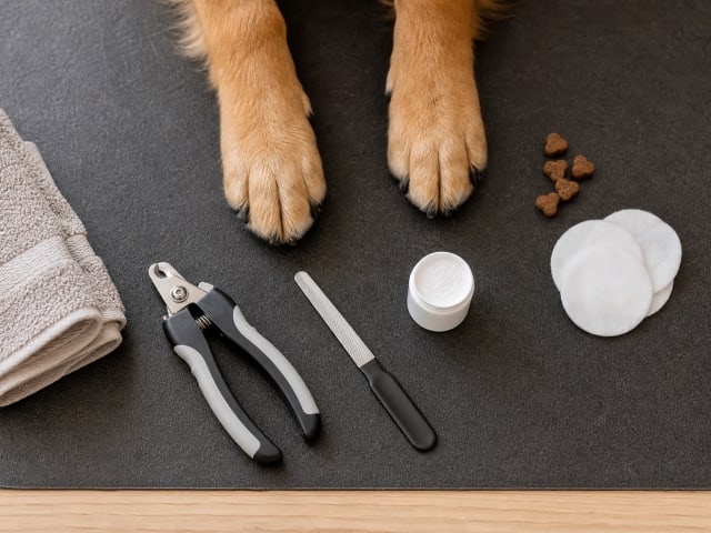Nail clippers, nail file, styptic powder, cotton, and treats prepared for trimming a dog's nails