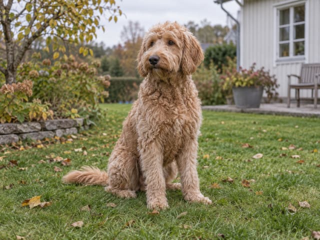 Aprikosfärgad labradoodle som sitter i en trädgård