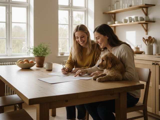 Picture of a dogowner and a buyer signing papers