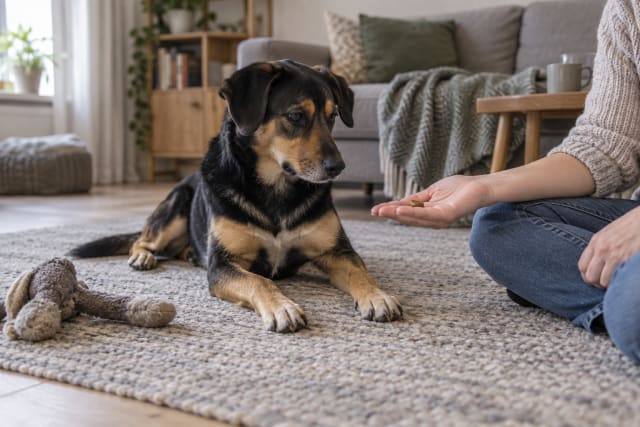Hund erbjuds en liten belöning med en mjuk leksak liggande på golvet.